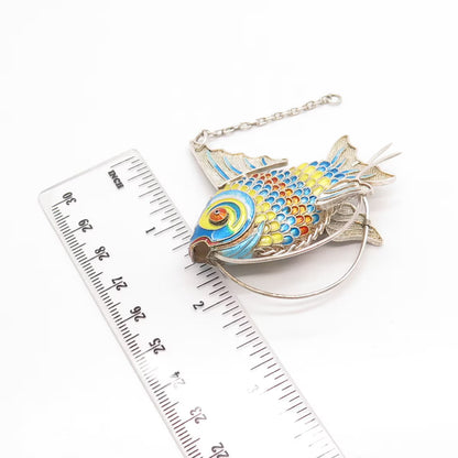 925 Sterling Silver Antique Enamel Articulated Koi Fish Chatelaine Fob Pendant