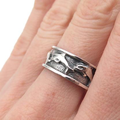 925 Sterling Silver Vintage Dolphin Oxidized Band Ring Size 8.25