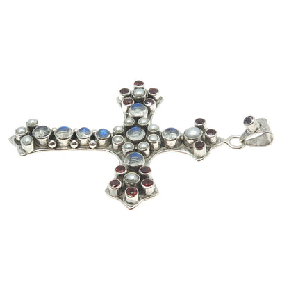 NICKY BUTLER Sterling Vintage Real Moonstone Pearl Garnet Amethyst Cross Pendant