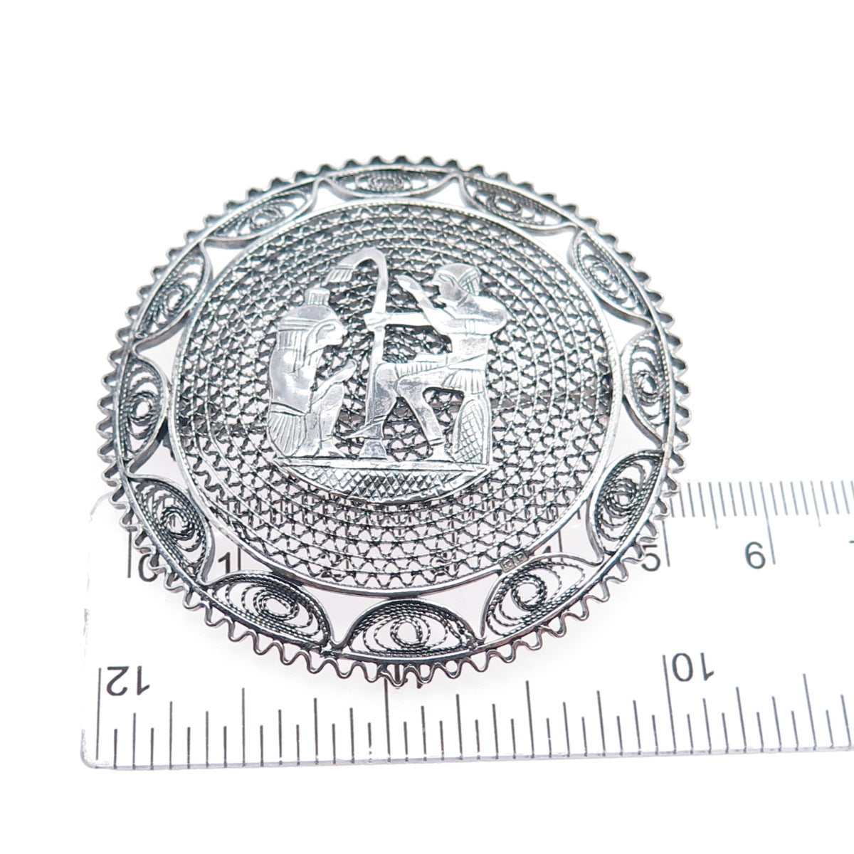800 Silver Vintage Egypt Storyteller Filigree Oxidized Pin Brooch