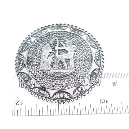 800 Silver Vintage Egypt Storyteller Filigree Oxidized Pin Brooch
