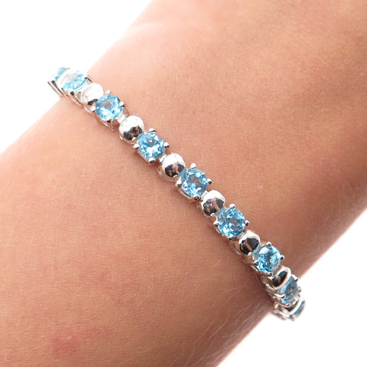 925 Sterling Silver Vintage Real Round-Cut Blue Topaz Tennis Link Bracelet 7.5"