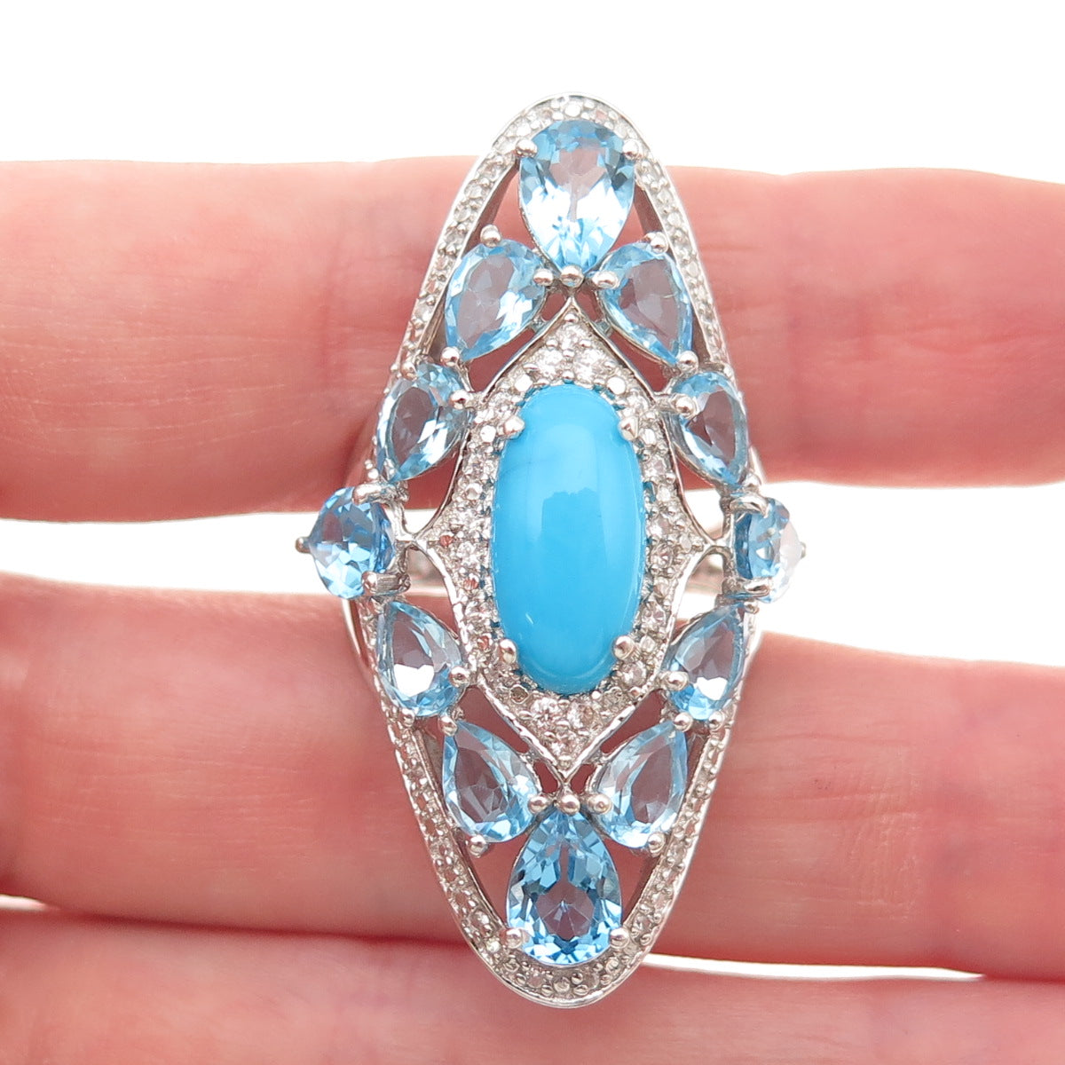 Chuck Clemency 925 Sterling Silver Real Turquoise White & Blue Topaz Ring Size 8