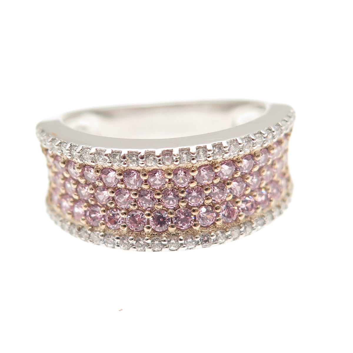 925 Sterling Silver 2-Tone Round-Cut Pink & White C Z Ring Size 5.25