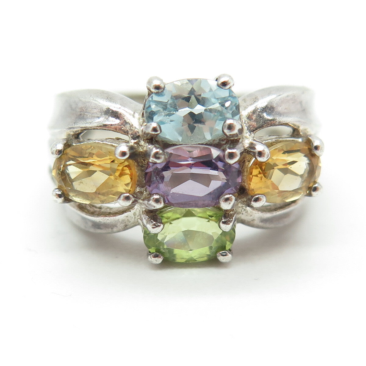 925 Sterling Silver Vintage Real Topaz Amethyst Citrine & Peridot Ring Size 6.25