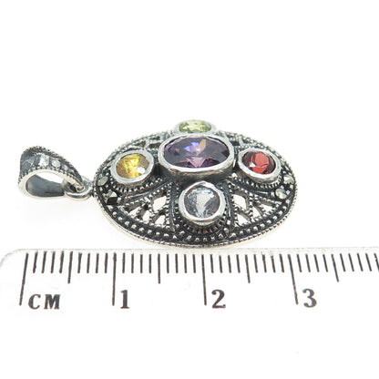 925 Sterling Silver Vintage Amethyst Citrine Peridot Garnet Topaz Gem Pendant