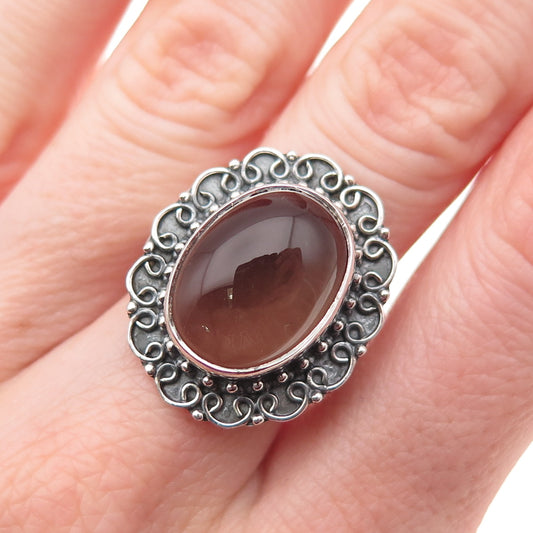 925 Sterling Silver Vintage Real Smoky Quartz Floral Oxidized Ring Size 9