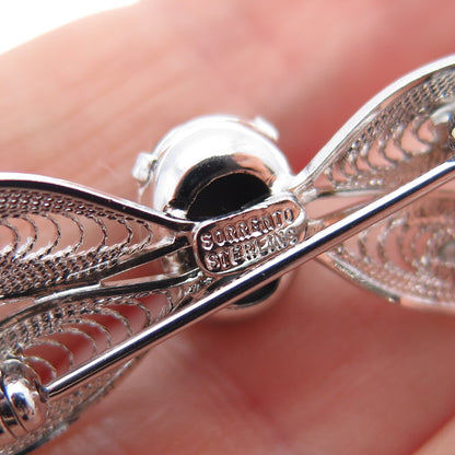 SORRENTO 925 Sterling Silver Vintage Real Hematite Filigree Butterfly Pin Brooch