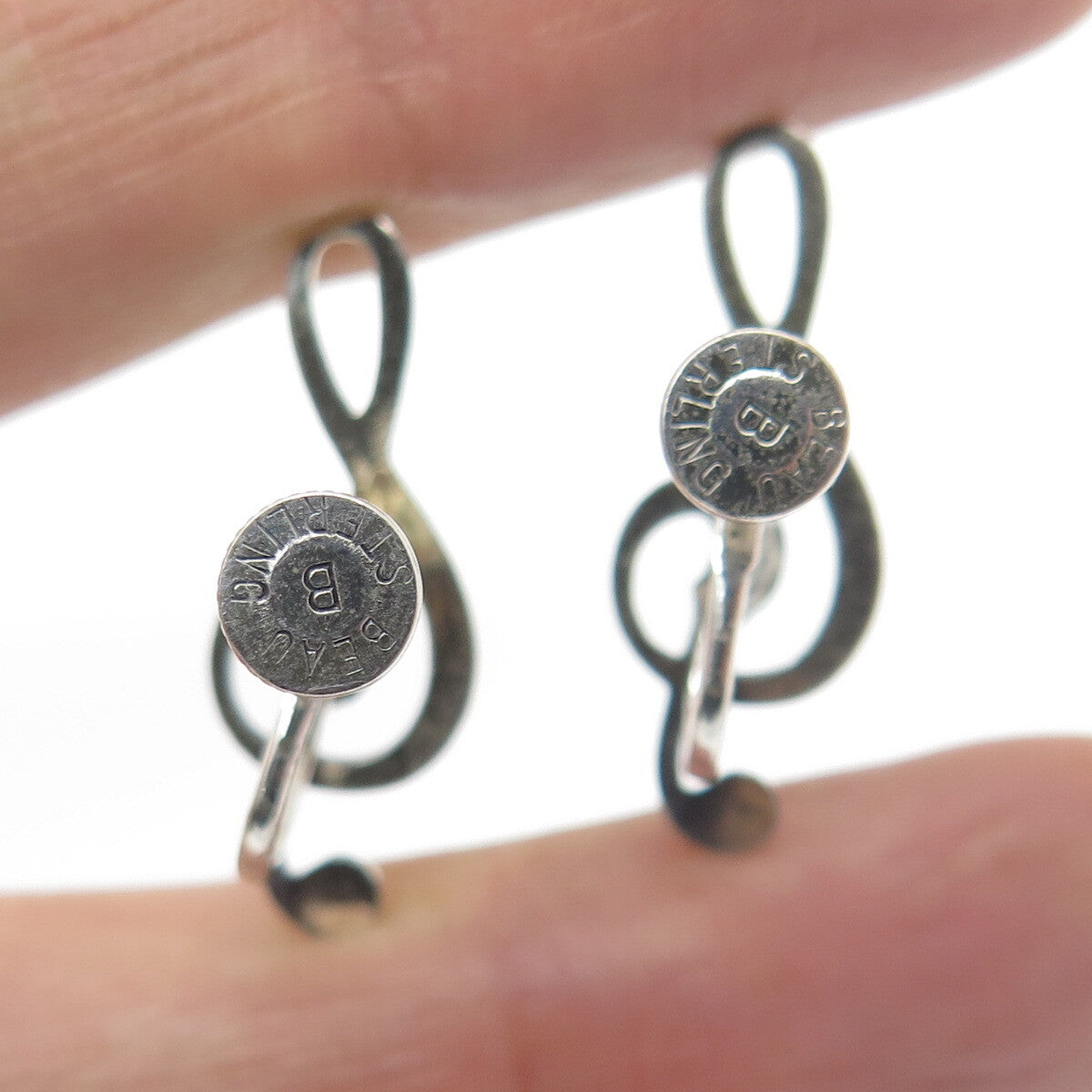 BEAU 925 Sterling Silver Antique Art Deco Treble Clef Screw Back Earrings