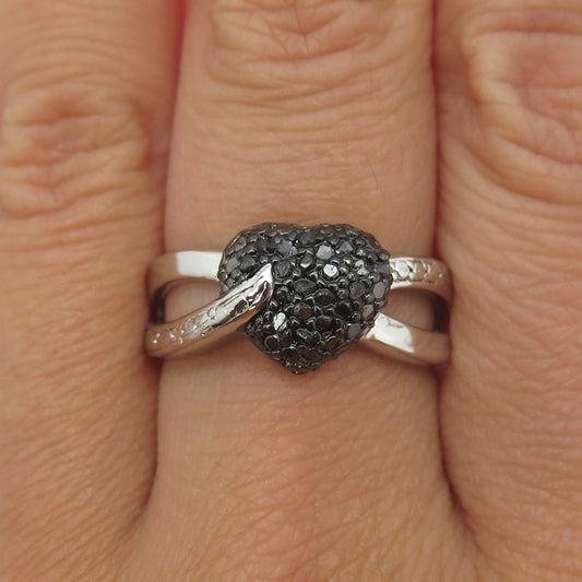 925 Sterling Silver Real Round-Cut Black Diamond Heart Ring Size 8.75