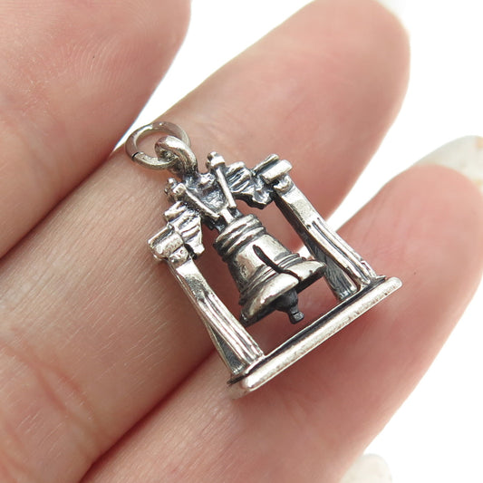 925 Sterling Silver Antique Art Deco Liberty Bell 3D Pendant