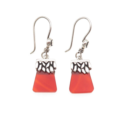 925 Sterling Silver Vintage Real Carnelian Modernist Floral Dangle Earrings