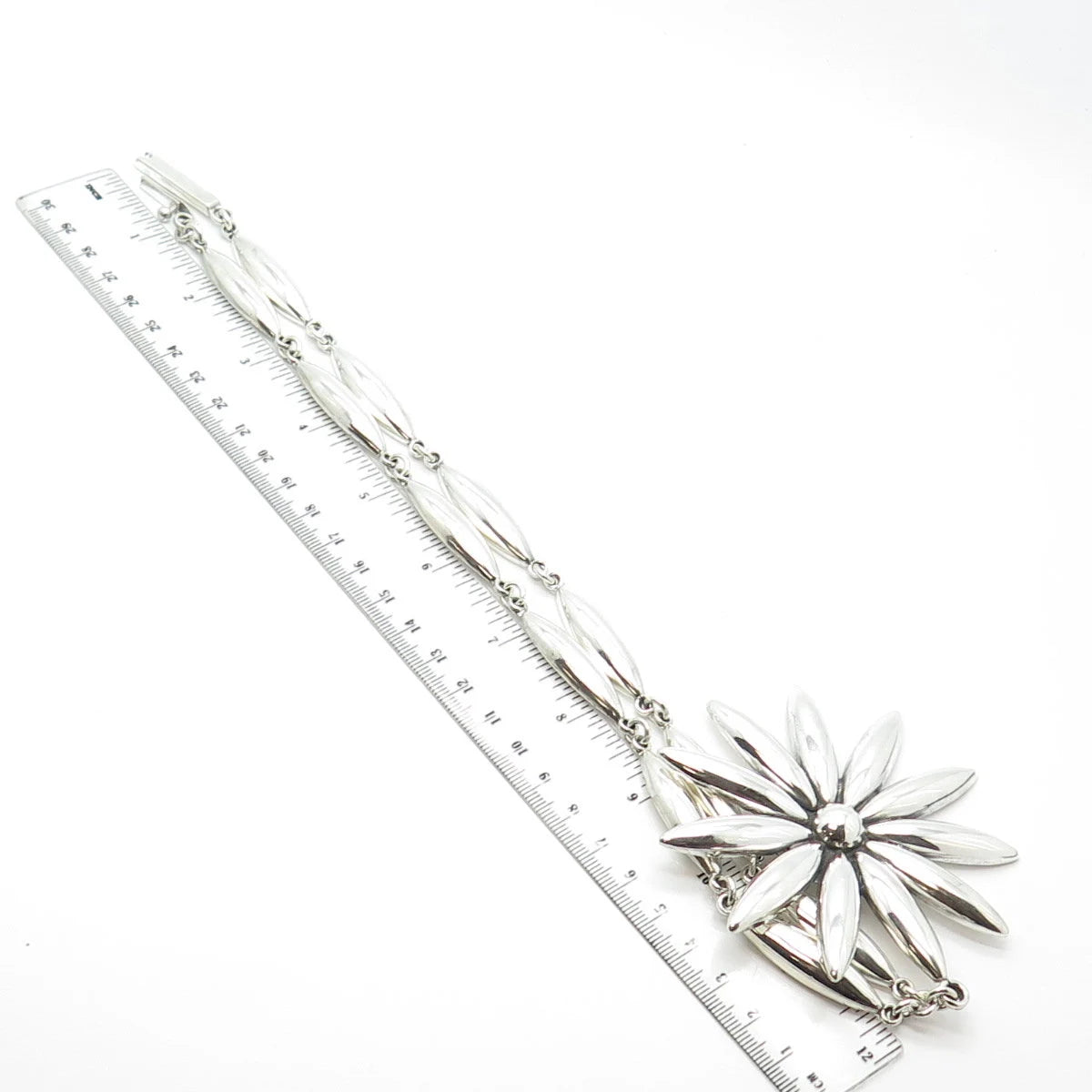 925 Sterling Silver Vintage Mexico Floral Bar Chain Necklace 24"