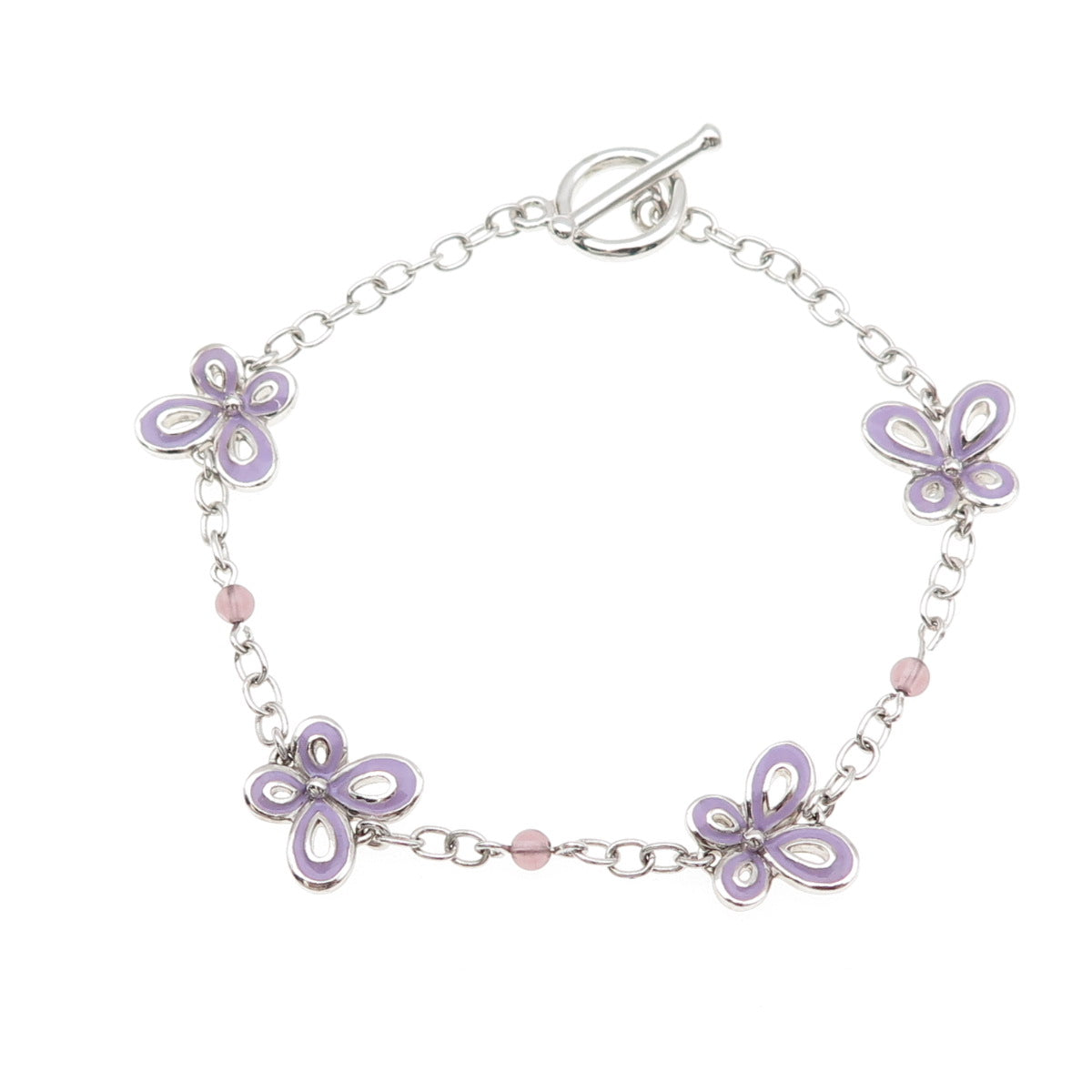 925 Sterling Silver Enamel Real Amethyst Butterfly Bracelet 7"