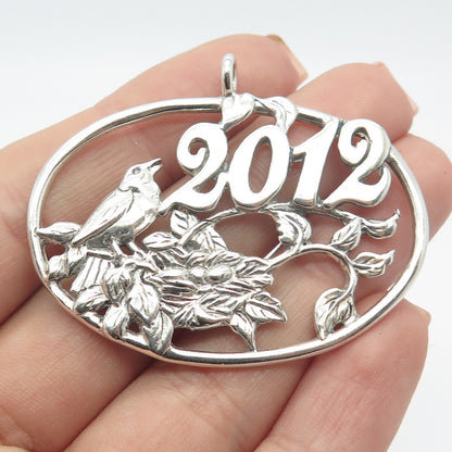 925 Sterling Silver Vintage "2012" Bird Leaf Christmas Tree Ornament