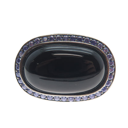 ARZY Sterling Silver Black Rhodium Vintage Real Black Onyx & C Z Ring Size 7.75