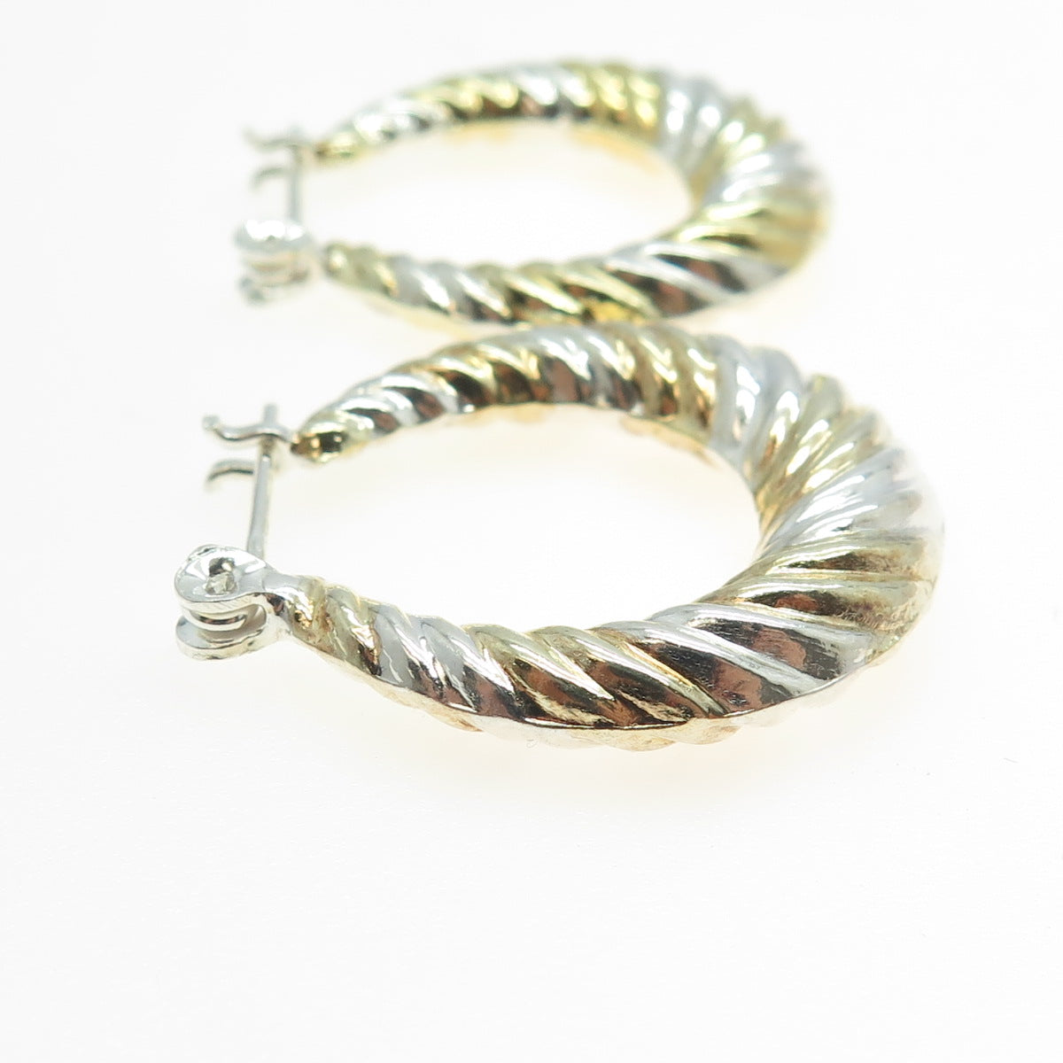 925 Sterling Silver 2-Tone Ribbed Hinged Hoop Earrings