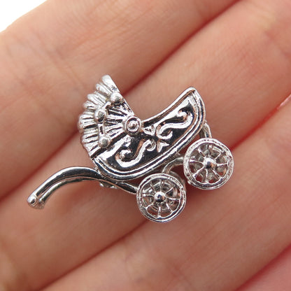 925 Sterling Silver Vintage Baby Stroller Mini 3D Charm Pendant
