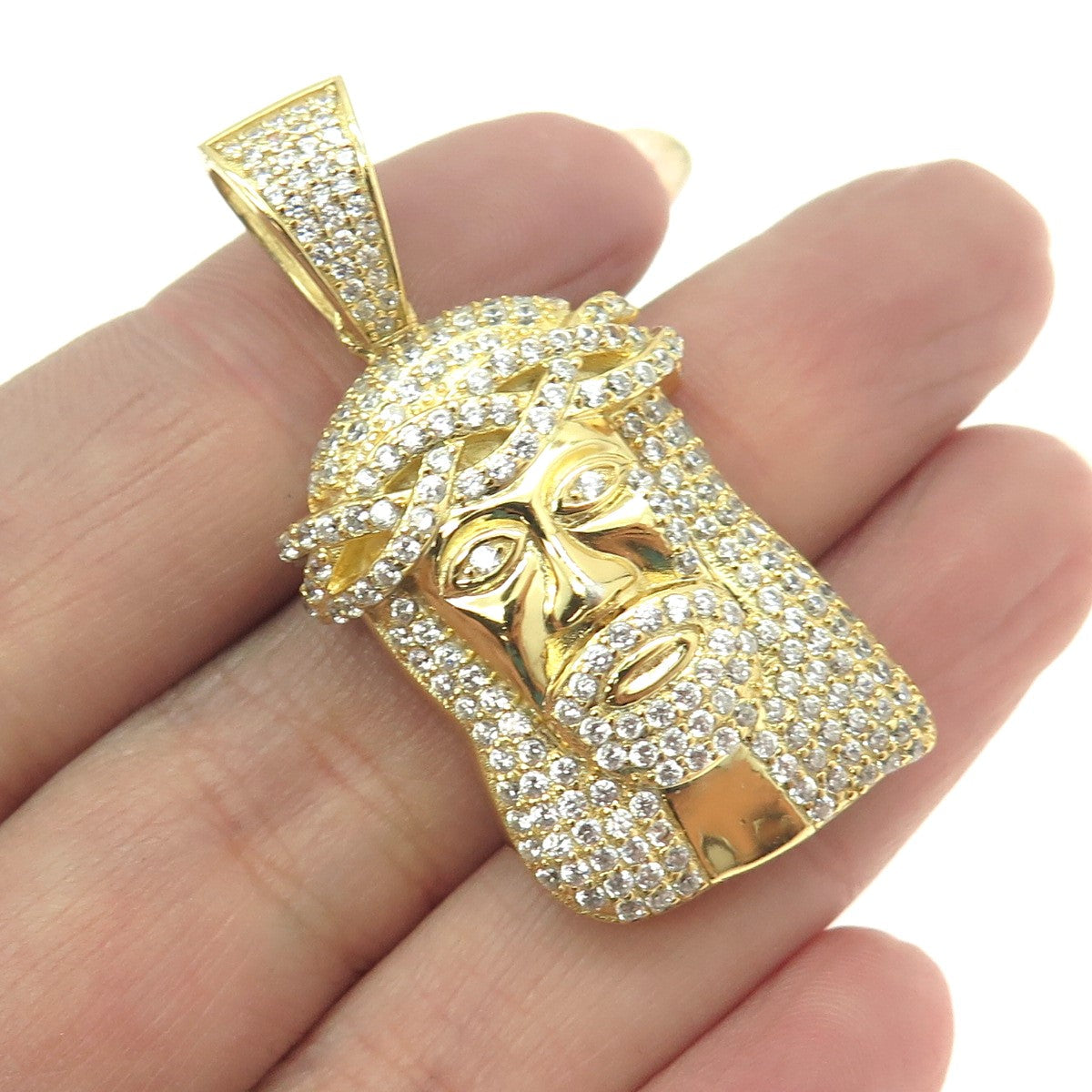 925 Sterling Silver Gold Plated Pave C Z Jesus Religious Pendant