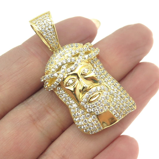 925 Sterling Silver Gold Plated Pave C Z Jesus Religious Pendant