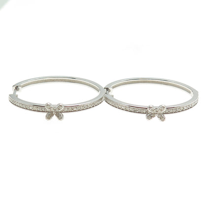 925 Sterling Silver Real Round-Cut Diamond Flower Hoop Earrings