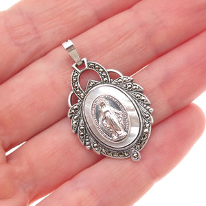 925 Sterling Silver Antique Art Deco Real MOP & Marcasite St. Mary Charm Pendant