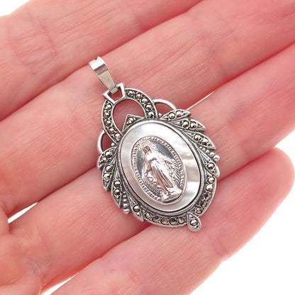 925 Sterling Silver Antique Art Deco Real MOP & Marcasite St. Mary Charm Pendant