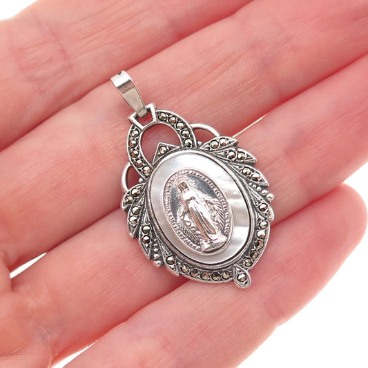 925 Sterling Silver Antique Art Deco Real MOP & Marcasite St. Mary Charm Pendant