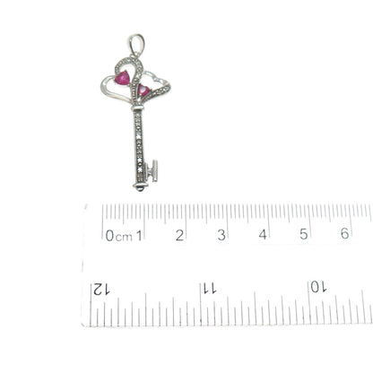925 Sterling Silver Real Diamond & Ruby Heart Key Charm Pendant