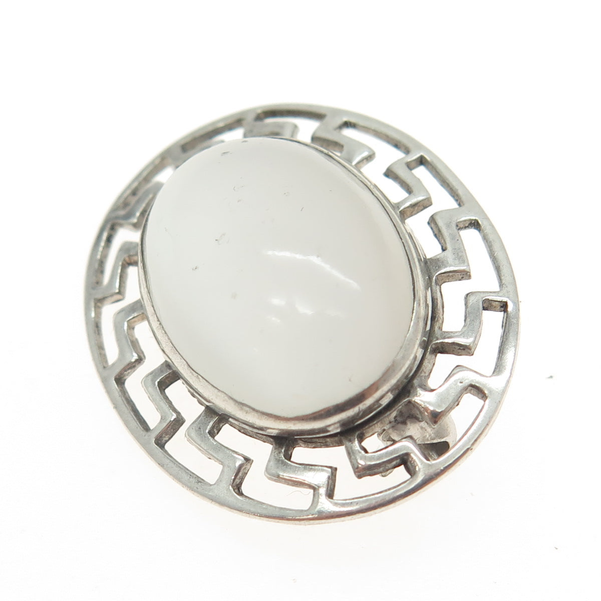 925 Sterling Silver Vintage Real Milky Opal Gemstone Greek Maze Pin Brooch