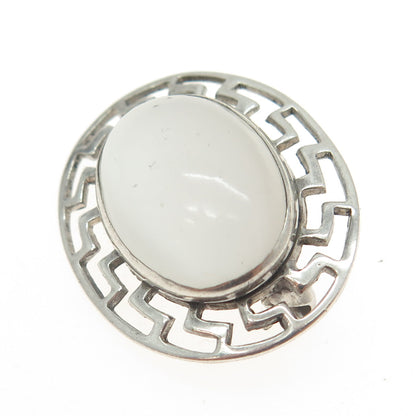 925 Sterling Silver Vintage Real Milky Opal Gemstone Greek Maze Pin Brooch