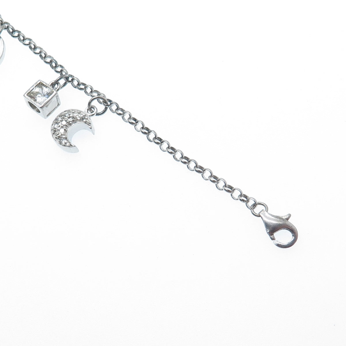 925 Sterling Vintage Round & Princess-Cut C Z Wedding Charms Rolo Bracelet 7.25"