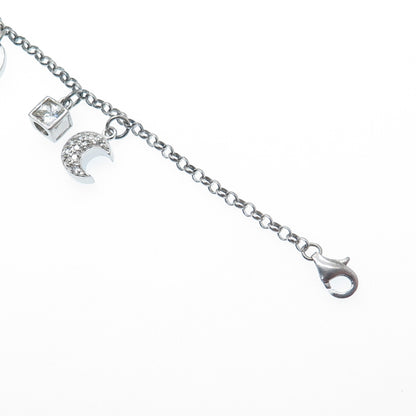 925 Sterling Vintage Round & Princess-Cut C Z Wedding Charms Rolo Bracelet 7.25"