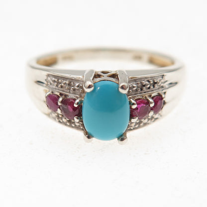 Chuck Clemency 925 Sterling Silver Real Turquoise & Ruby Ring Size 8.25