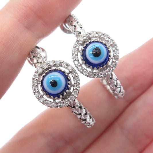 925 Sterling Silver Real Diamond & Enamel Evil Eye Wicker Half Hoop Earrings