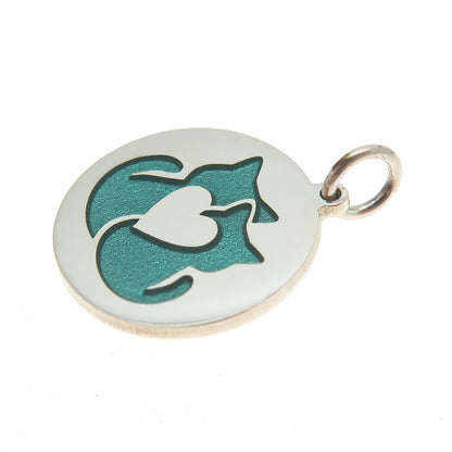 925 Sterling Silver Turquoise Enamel Cat Love Round Tag Minimalist Charm Pendant