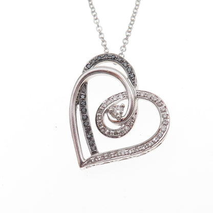 925 Sterling Silver Real Black & White Diamond Heart Cable Chain Necklace 18"