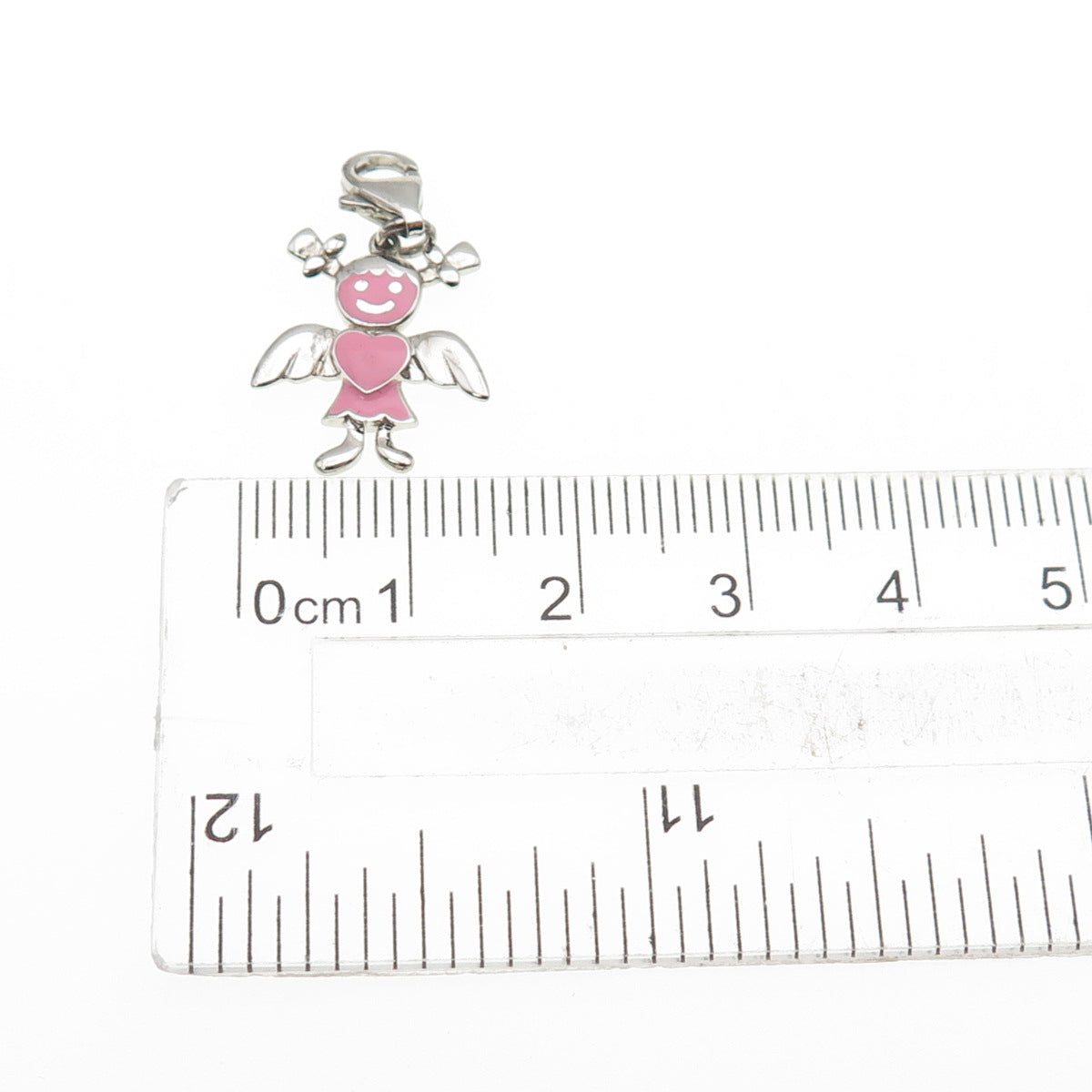 925 Sterling Silver Pink Enamel Angel Heart Lobster Lock Mini Charm Pendant