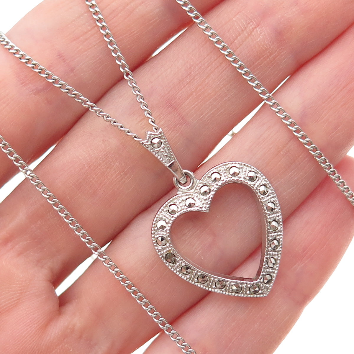 Theda 925 Sterling Antique Art Deco Real Marcasite Heart Curb Chain Necklace 24"
