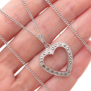 Theda 925 Sterling Antique Art Deco Real Marcasite Heart Curb Chain Necklace 24"