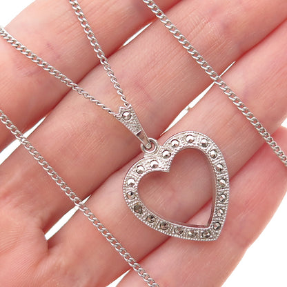 Theda 925 Sterling Antique Art Deco Real Marcasite Heart Curb Chain Necklace 24"