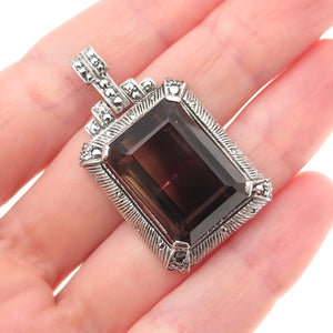 925 Sterling Silver Antique Art Deco Real Smoky Quartz & Marcasite Charm Pendant