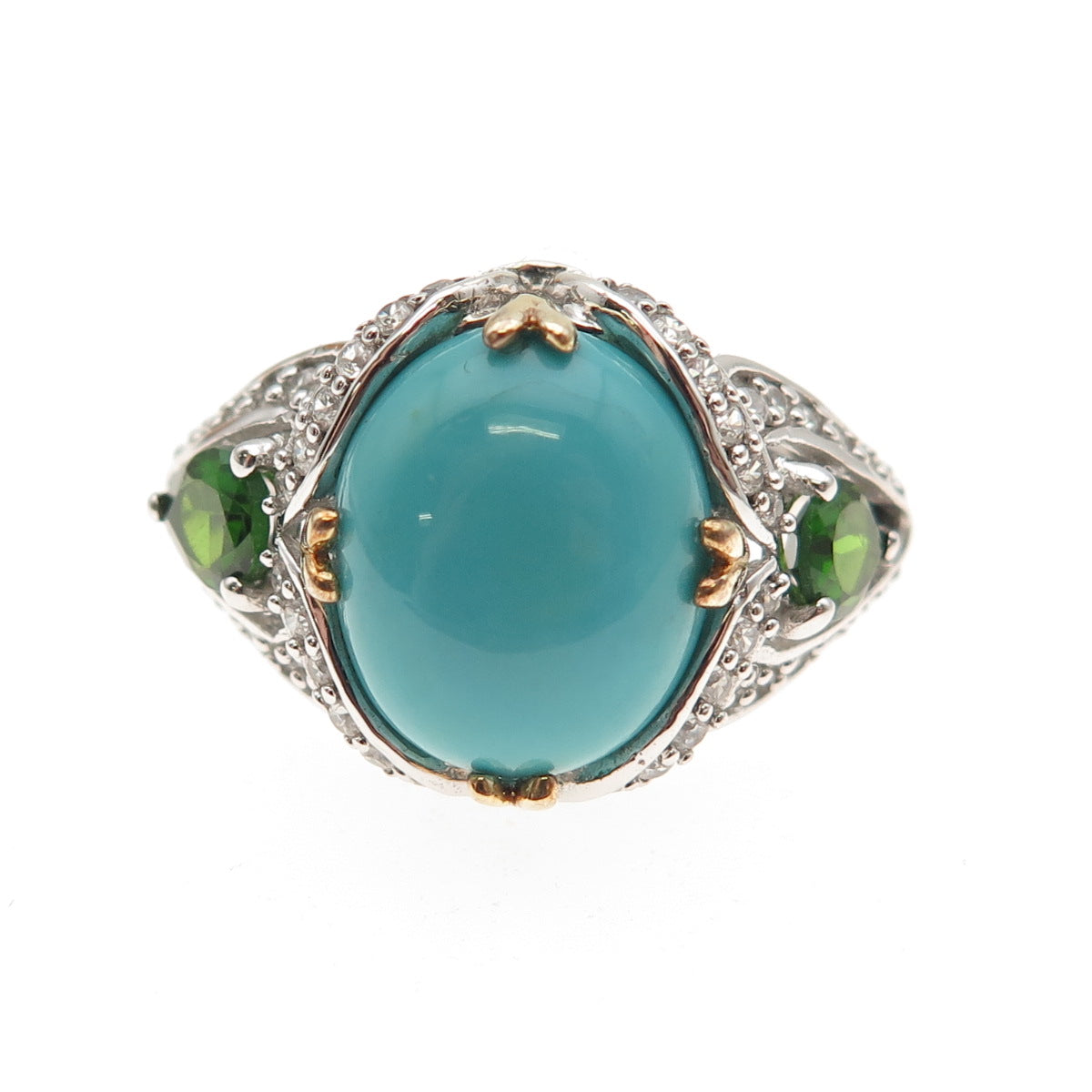925 Sterling Silver 2-Tone Real Turquoise Peridot & White Topaz Ring Size 8.25