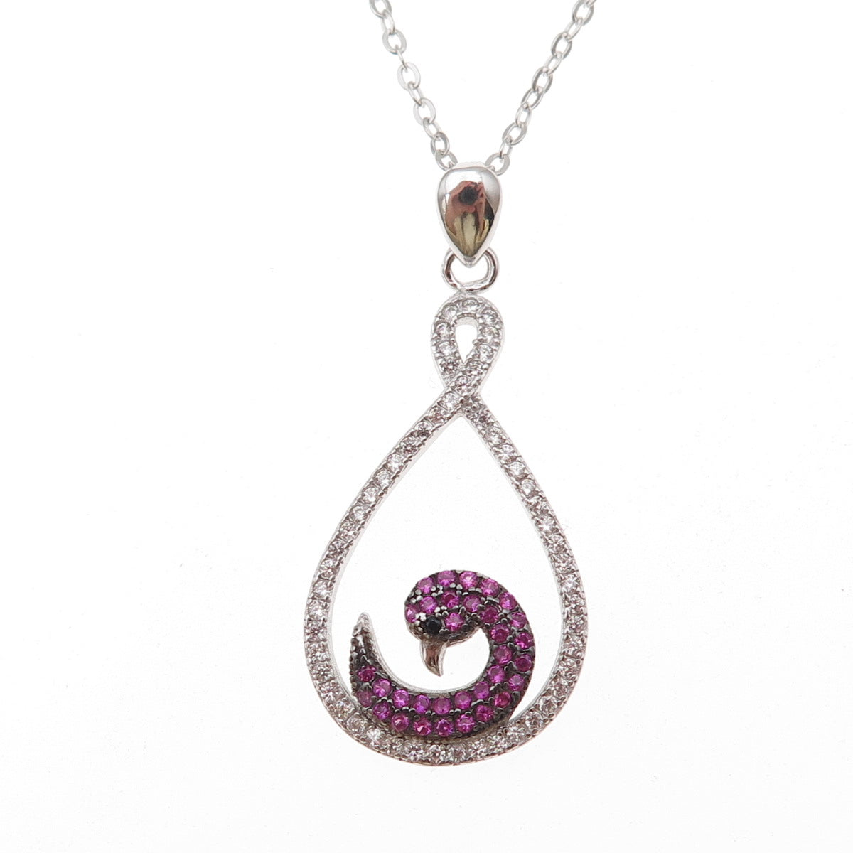 925 Sterling Silver Lab-Created Ruby Real White Topaz Swan Chain Necklace 18"