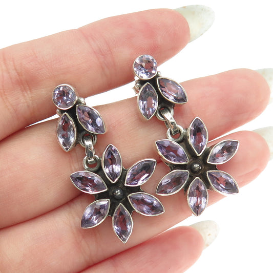 925 Sterling Silver Vintage Real Marquise & Round-Cut Amethyst Floral Earrings