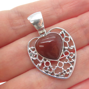 950 Silver Vintage Real Agate Ornate Heart Charm Pendant