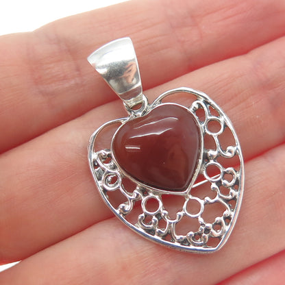950 Silver Vintage Real Agate Ornate Heart Charm Pendant