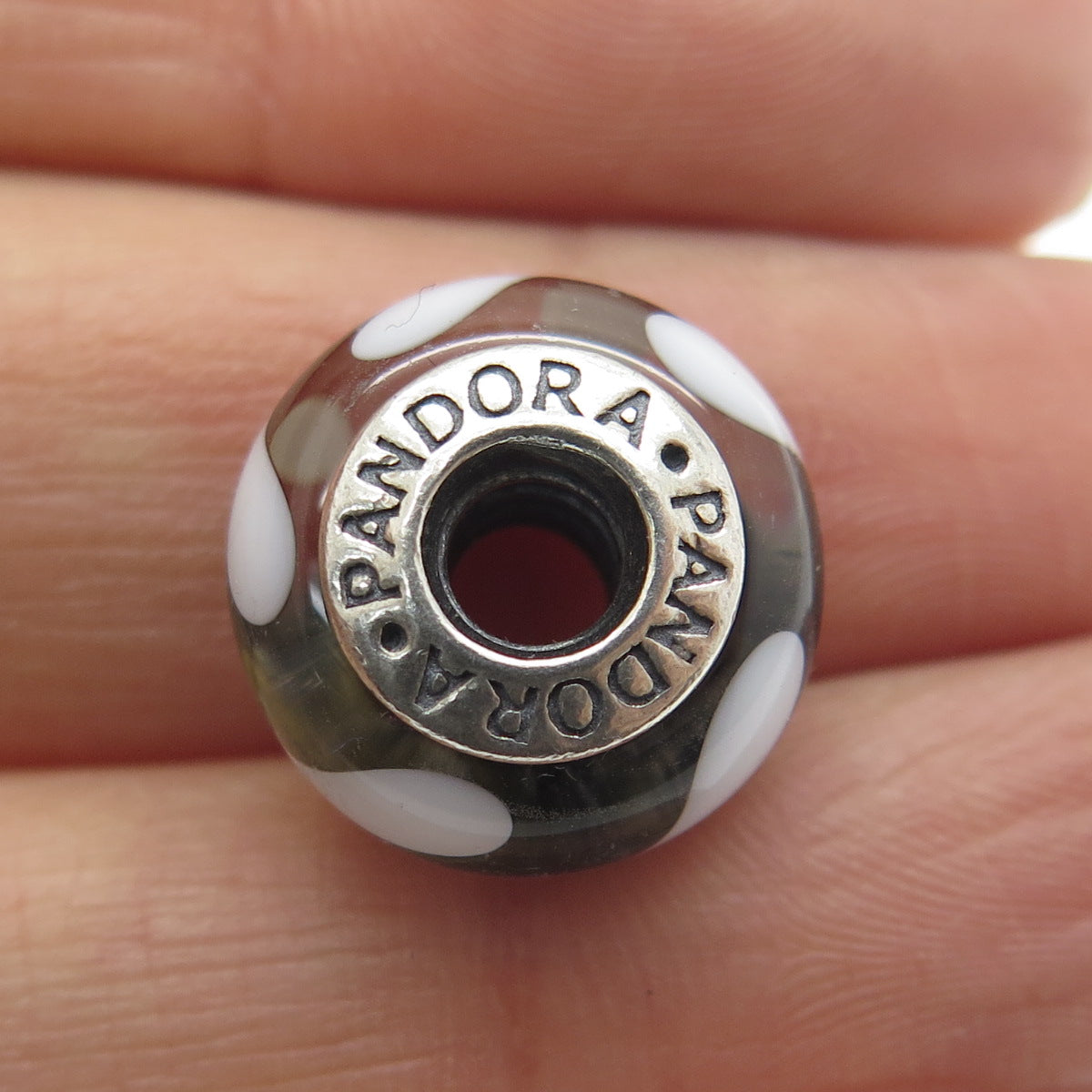 PANDORA 925 Sterling Silver Murano Glass White & Black Branches Bead Charm