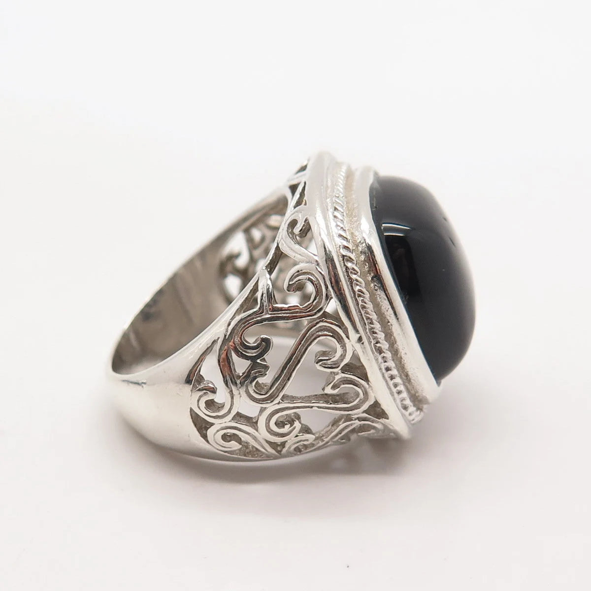 925 Sterling Silver Vintage Real Black Onyx Gem Square Heart Ring Size 7