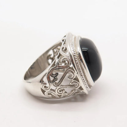 925 Sterling Silver Vintage Real Black Onyx Gem Square Heart Ring Size 7